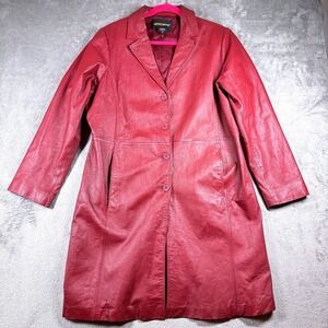 Vintage Metrostyle Red Leather Long Coat Womens 18 Button Front Jacket Retro